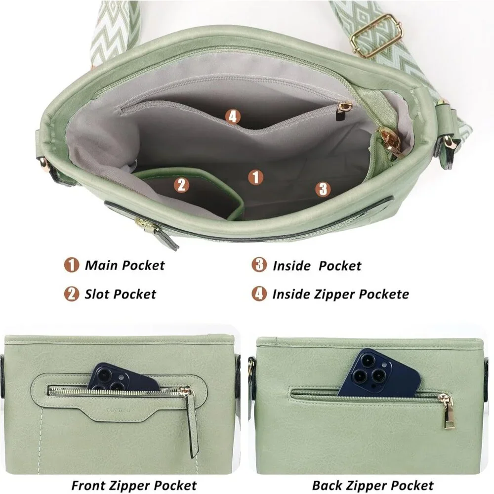 Women’s Light Green 3PCS PU Leather Purses Set  Crossbody Wallet & Hobo Tote Bag - Picture 7 of 8